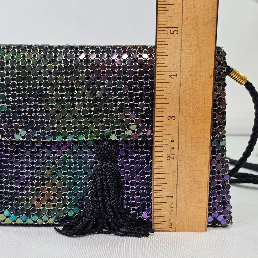 Apri Nights Iridescent Metal Mesh Crossbody Bag‎ Oil Slick Tassel Evening Clutch